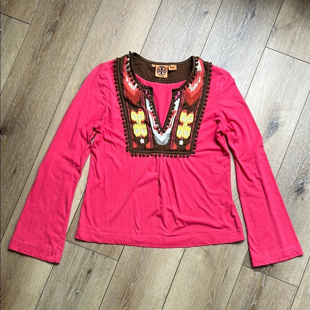 TORY BURCH EMBROIDERED COTTON TUNIC TOP PINK SIZE S Boho Festival Art To Wear